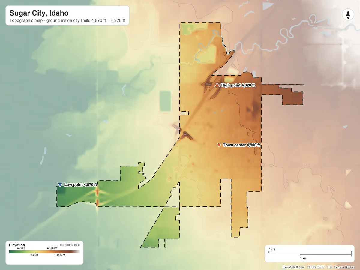 Topographic elevation map of Sugar City, Idaho, shaded from 4,870 ft on the west side to 4,920 ft on the north side