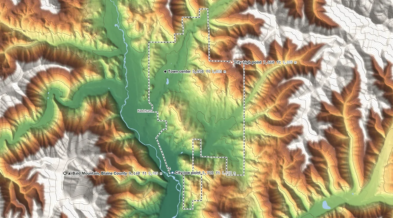 Topographic elevation map of Sun Valley, Idaho, shaded from 5,710 ft on the south side to 7,660 ft at the foot of the Pioneer Mountains
