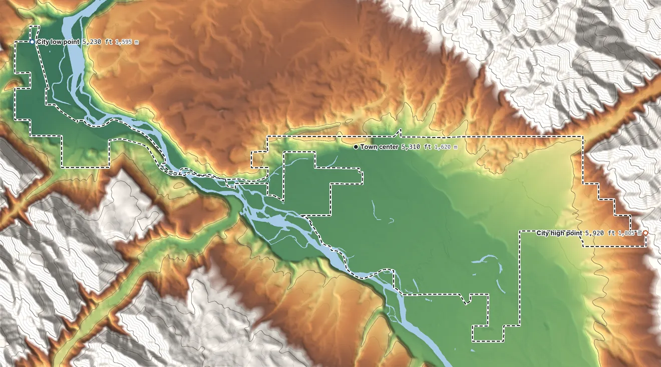 Topographic elevation map of Swan Valley, Idaho, shaded from 5,230 ft on the west side to 5,920 ft on the east edge, below higher ground just outside
