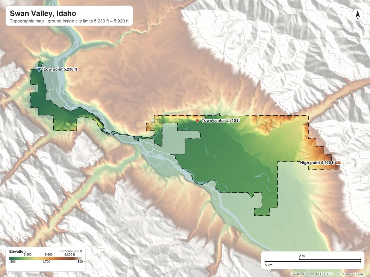 Topographic elevation map of Swan Valley, Idaho, shaded from 5,230 ft on the west side to 5,920 ft on the east edge, below higher ground just outside