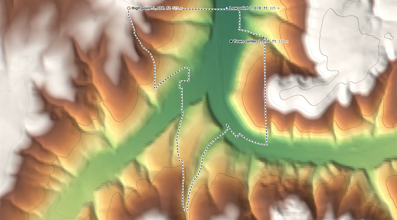 Topographic elevation map of Sweetwater, Idaho, shaded from 1,070 ft on the north side to 1,880 ft on the west side