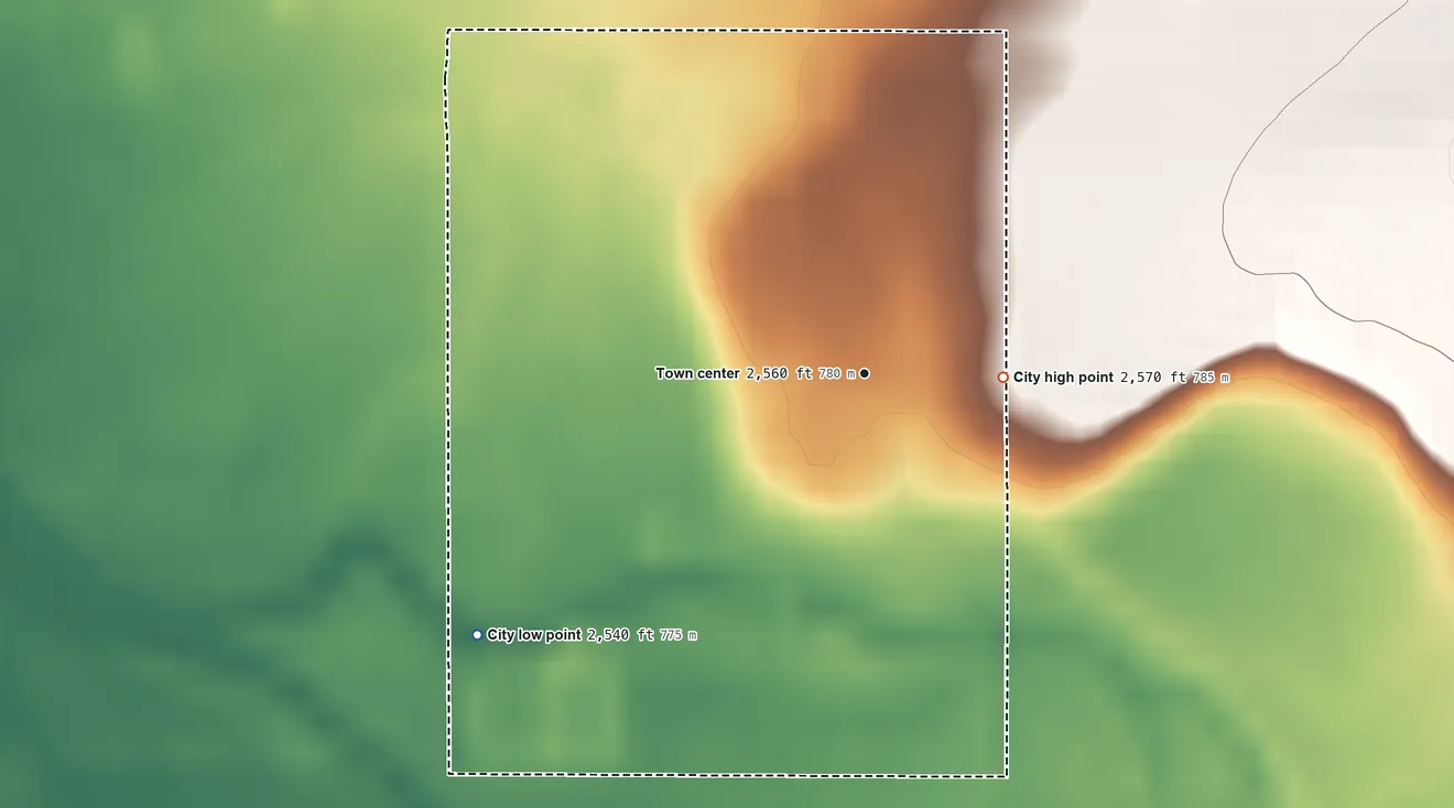 Topographic elevation map of Tensed, Idaho, shaded from 2,540 ft on the southwest side to 2,570 ft on the east edge, below higher ground just outside