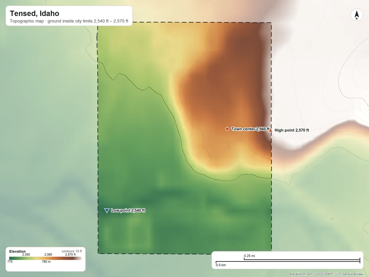 Topographic elevation map of Tensed, Idaho, shaded from 2,540 ft on the southwest side to 2,570 ft on the east edge, below higher ground just outside