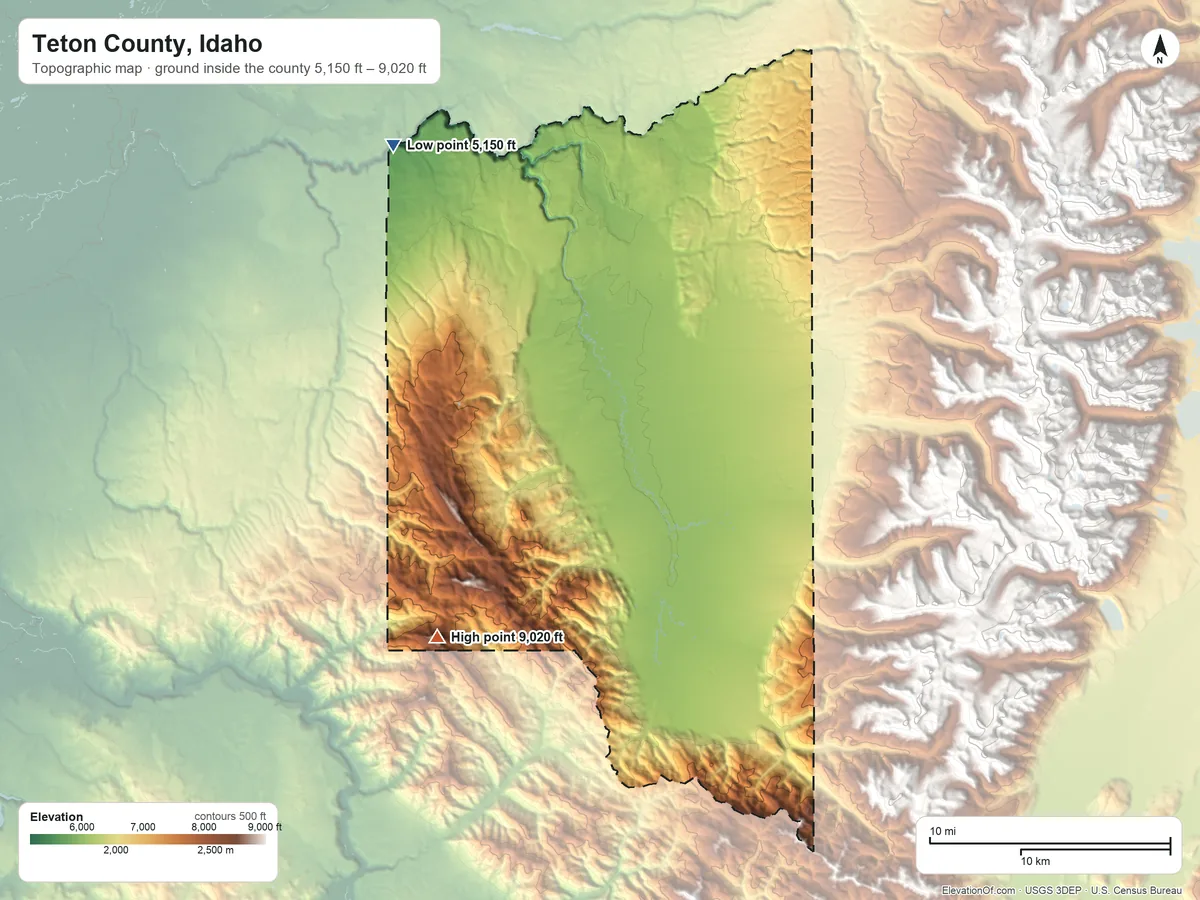 Topographic elevation map of Teton County, Idaho, shaded from 5,150 ft on the northwest side to 9,020 ft on Piney Peak