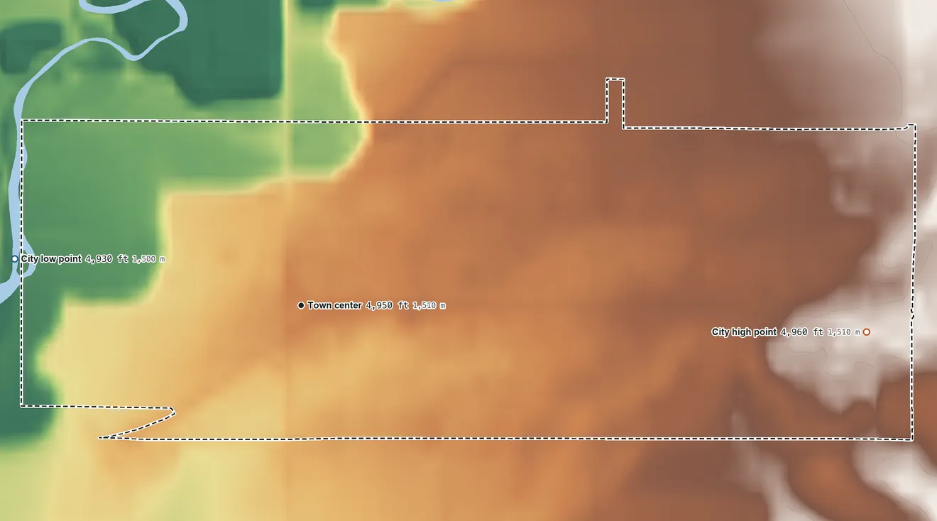 Topographic elevation map of Teton, Idaho, shaded from 4,930 ft on the west side to 4,960 ft on the east side