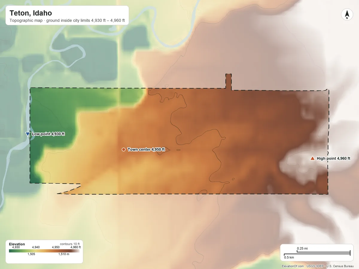 Topographic elevation map of Teton, Idaho, shaded from 4,930 ft on the west side to 4,960 ft on the east side