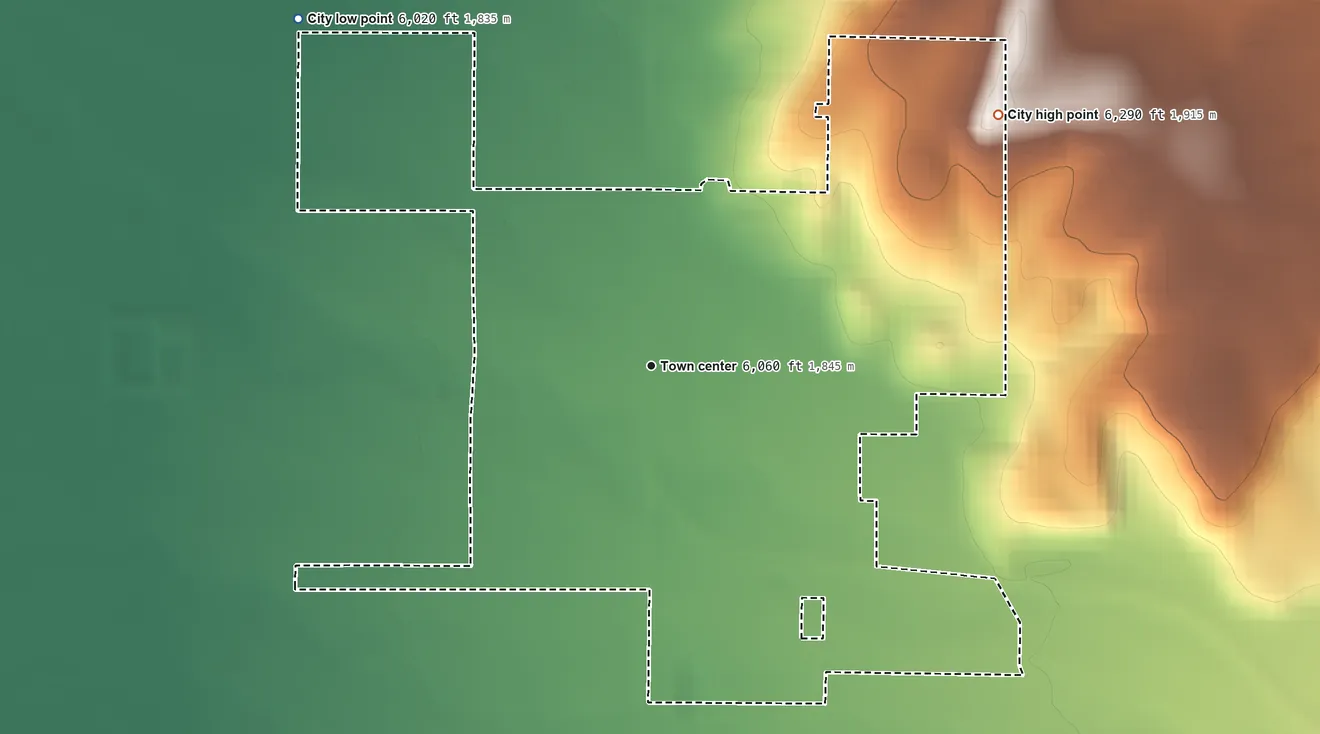 Topographic elevation map of Tetonia, Idaho, shaded from 6,020 ft on the northwest side to 6,290 ft on the northeast side