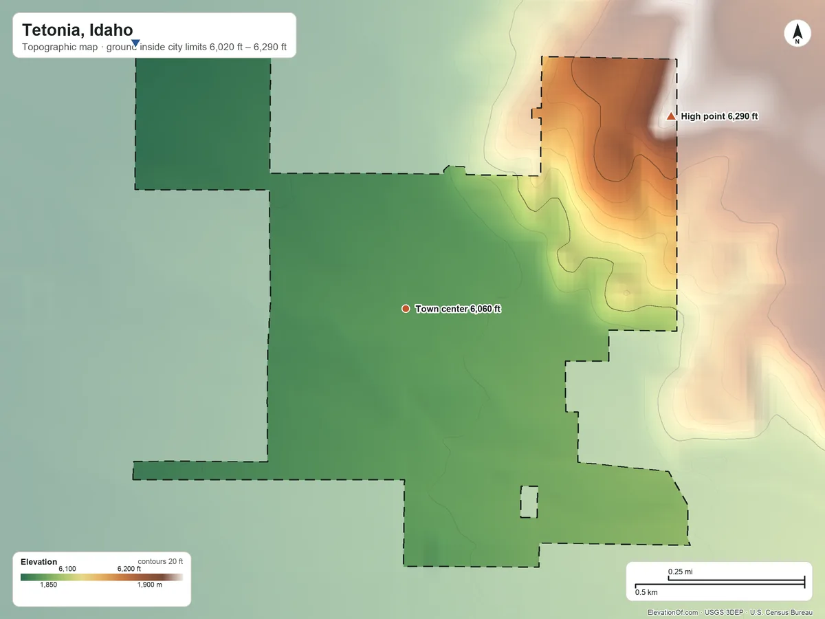 Topographic elevation map of Tetonia, Idaho, shaded from 6,020 ft on the northwest side to 6,290 ft on the northeast side