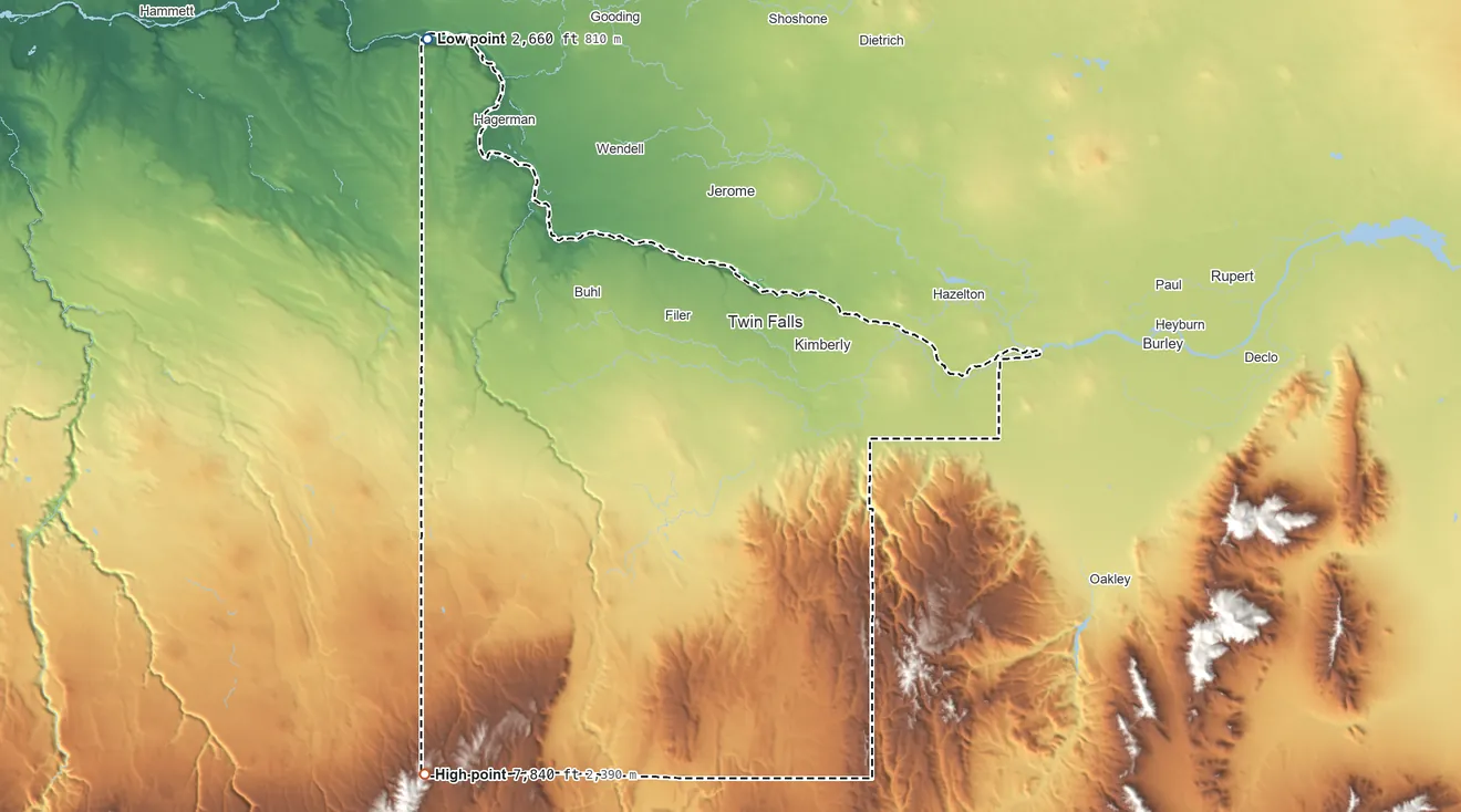 Topographic elevation map of Twin Falls County, Idaho, shaded from 2,660 ft on the northwest side to 7,840 ft on the southwest side