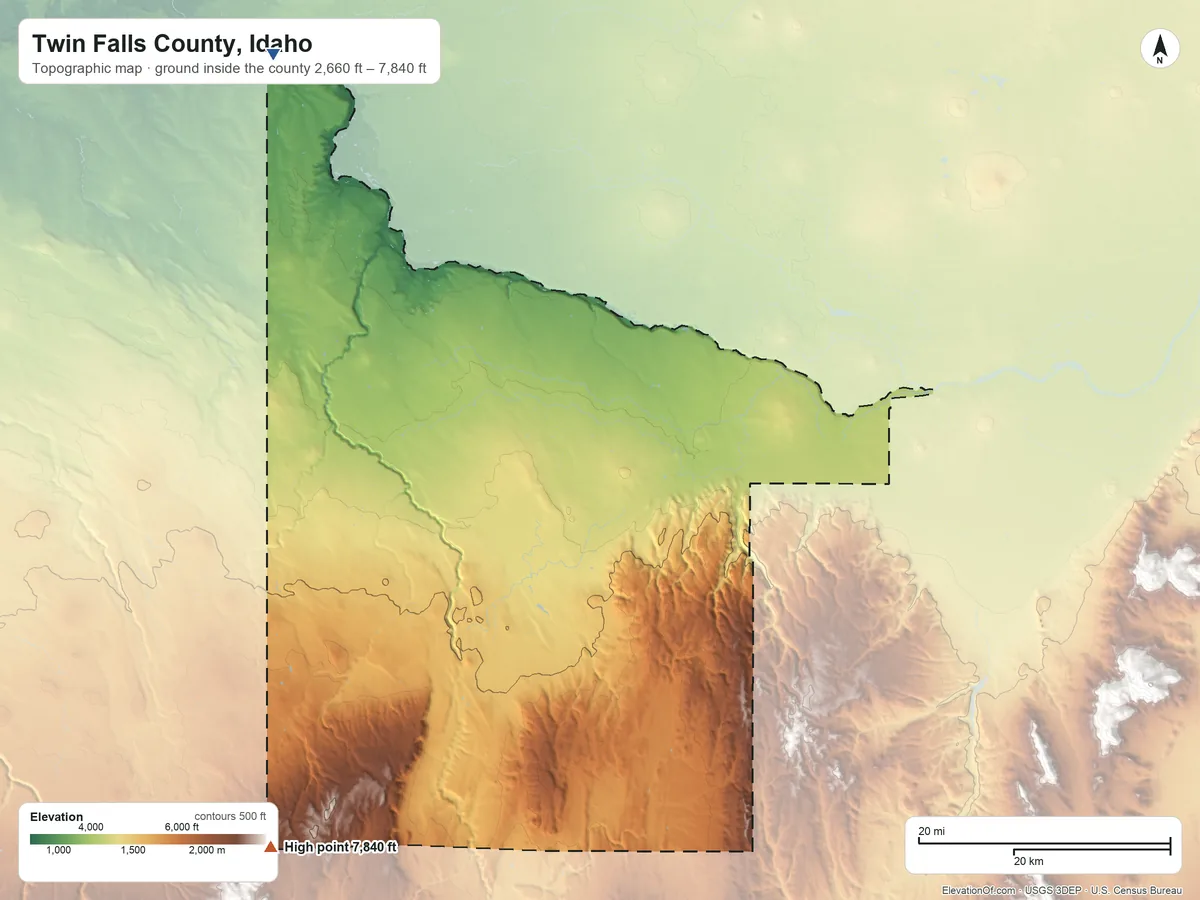 Topographic elevation map of Twin Falls County, Idaho, shaded from 2,660 ft on the northwest side to 7,840 ft on the southwest side