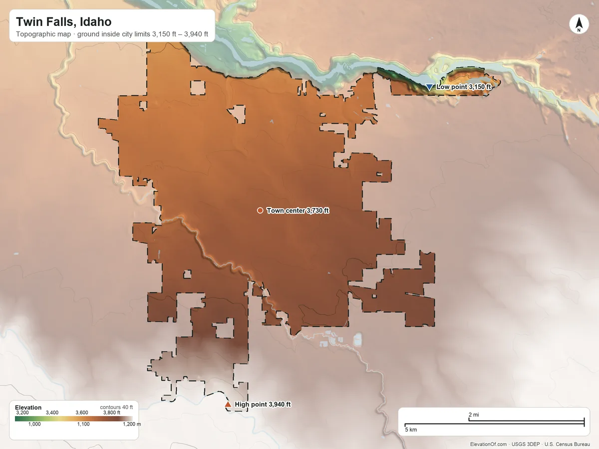Topographic elevation map of Twin Falls, Idaho, shaded from 3,150 ft on the northeast side to 3,940 ft on the south side