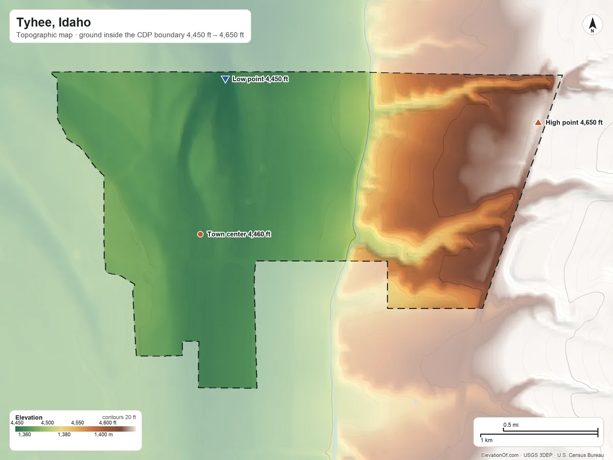 Topographic elevation map of Tyhee, Idaho, shaded from 4,450 ft on the north side to 4,650 ft at the foot of the Pocatello Range