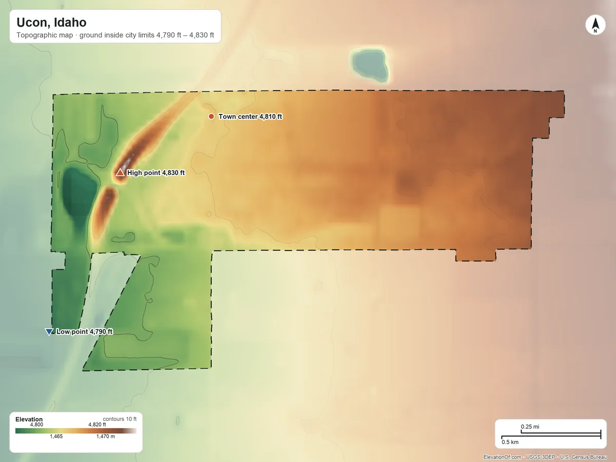 Topographic elevation map of Ucon, Idaho, shaded from 4,790 ft on the southwest side to 4,830 ft on the southwest side