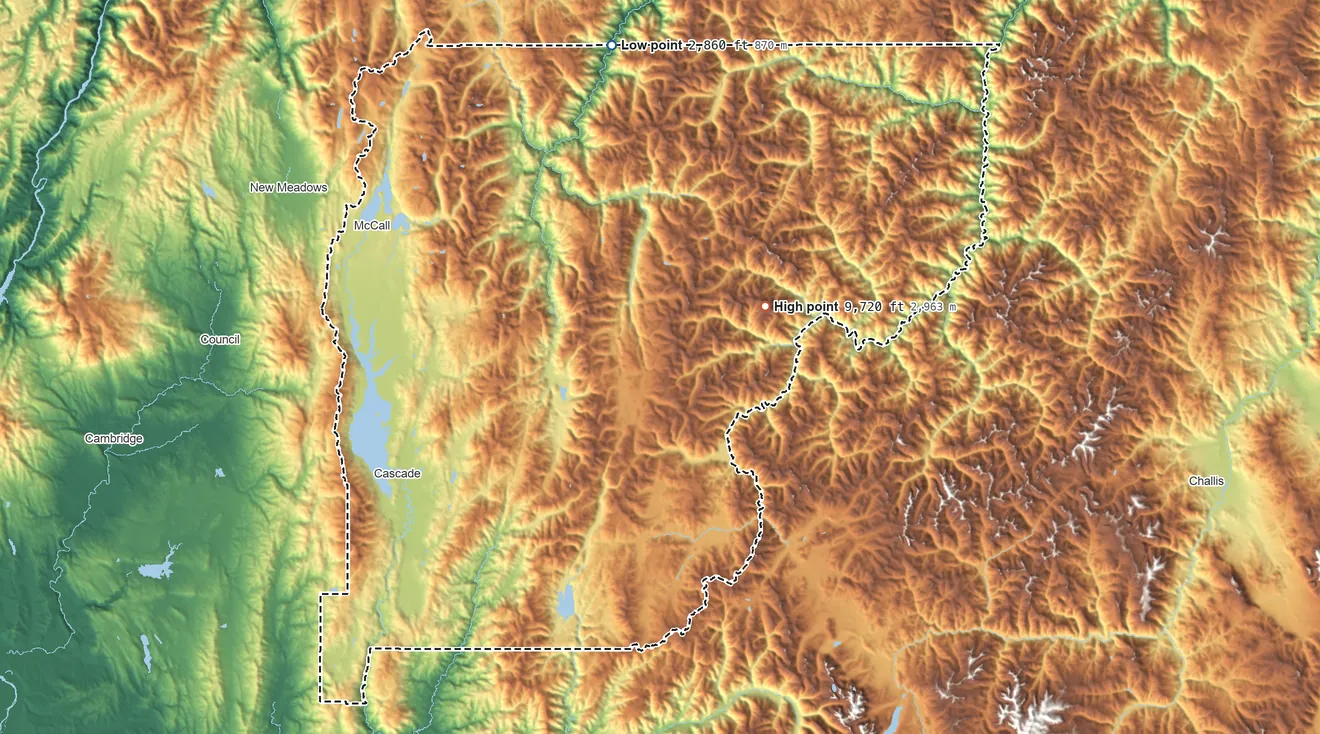 Topographic elevation map of Valley County, Idaho, shaded from 2,860 ft on the north side to 9,720 ft on Big Baldy