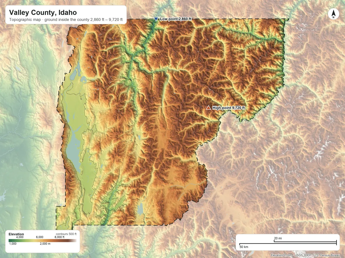 Topographic elevation map of Valley County, Idaho, shaded from 2,860 ft on the north side to 9,720 ft on Big Baldy