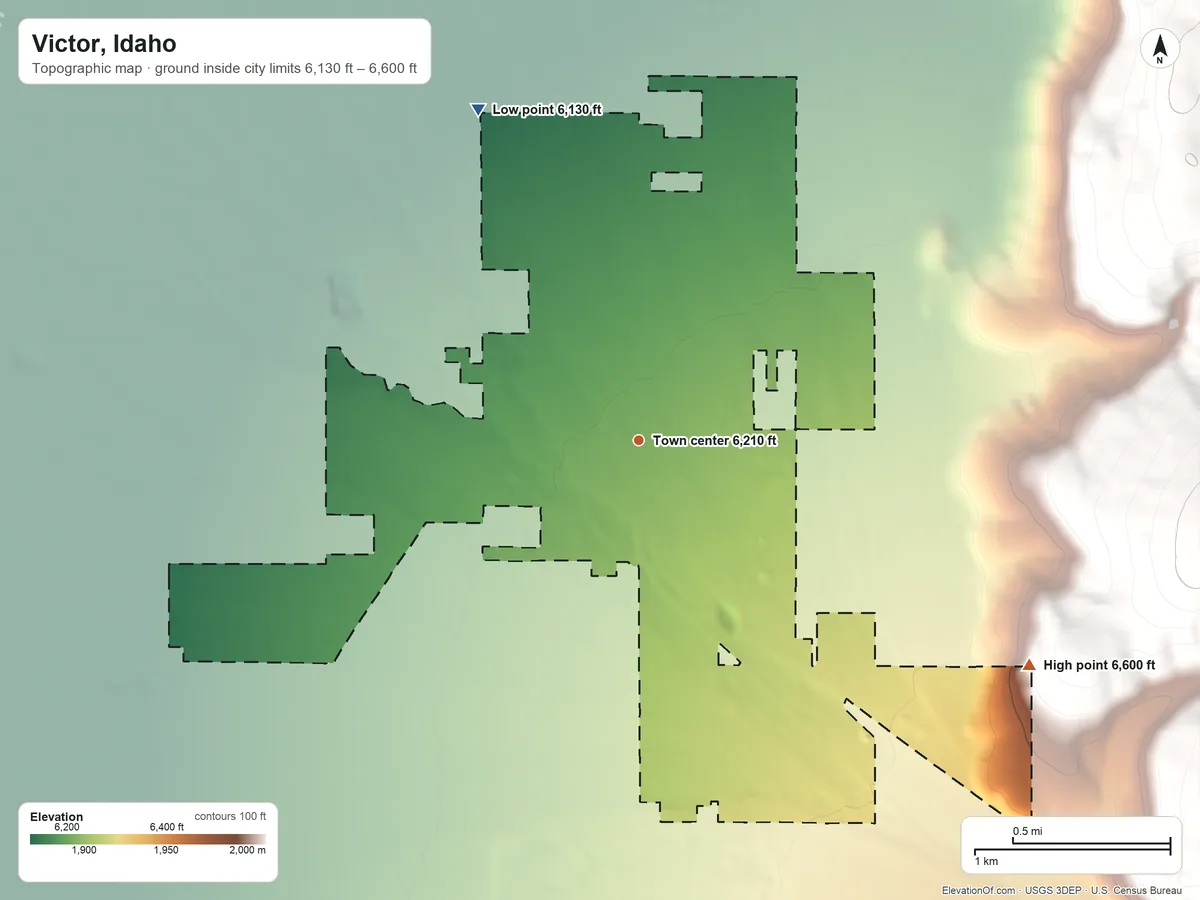 Topographic elevation map of Victor, Idaho, shaded from 6,130 ft on the northwest side to 6,600 ft at the foot of the Big Hole Mountains