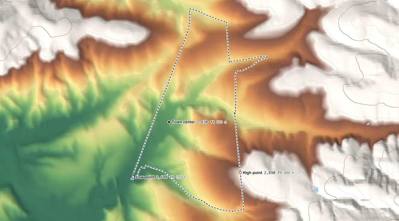 Topographic elevation map of Viola, Idaho, shaded from 2,600 ft on the southwest side to 2,890 ft at the foot of the Palouse Range
