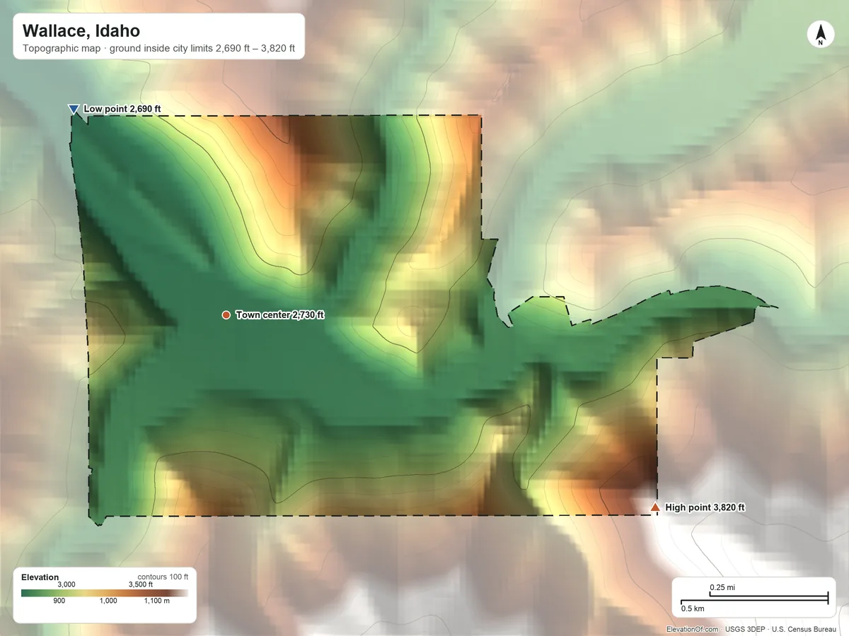 Topographic elevation map of Wallace, Idaho, shaded from 2,690 ft on the northwest side to 3,820 ft at the foot of the St. Joe Mountains