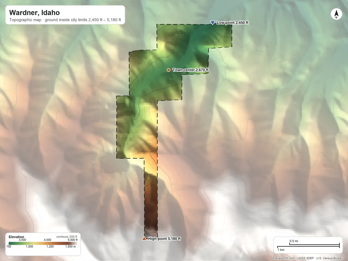 Topographic elevation map of Wardner, Idaho, shaded from 2,450 ft on the northeast side to 5,180 ft on the south edge, below higher ground just outside
