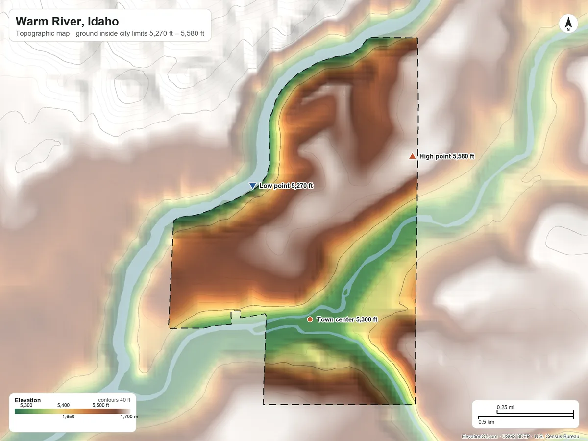 Topographic elevation map of Warm River, Idaho, shaded from 5,270 ft on the northwest side to 5,580 ft on the northeast edge, below higher ground just outside