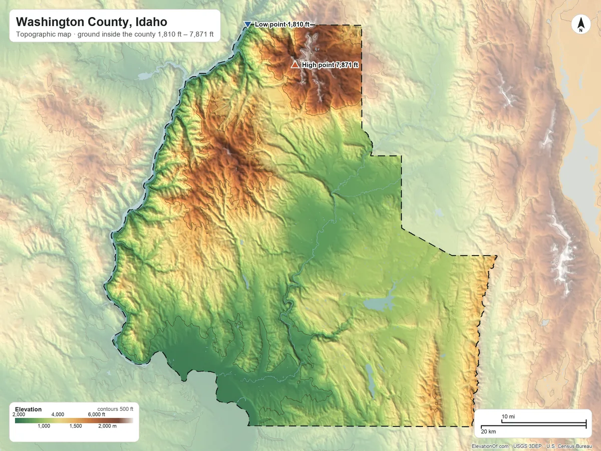 Topographic elevation map of Washington County, Idaho, shaded from 1,810 ft on the north side to 7,871 ft on Cuddy Mountain