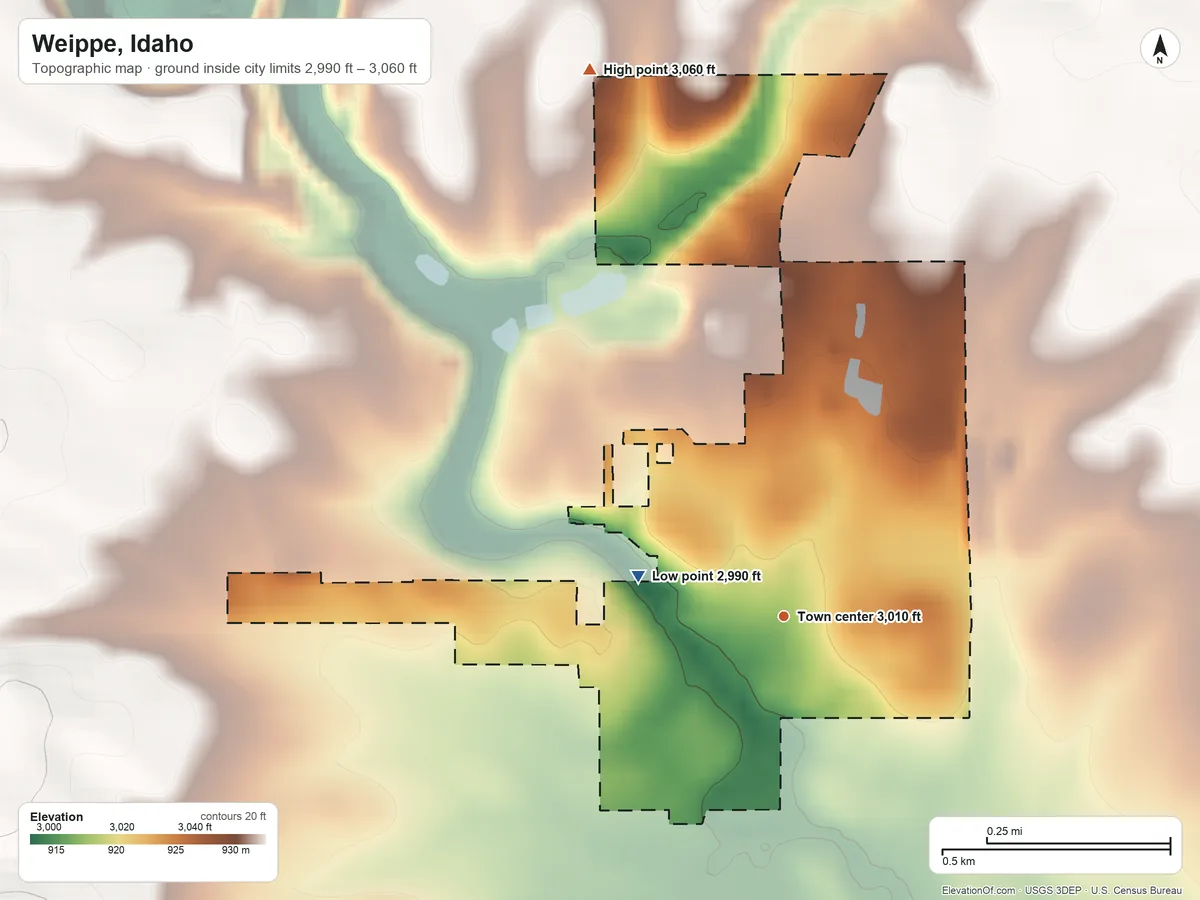 Topographic elevation map of Weippe, Idaho, shaded from 2,990 ft on the west side to 3,060 ft on the north side