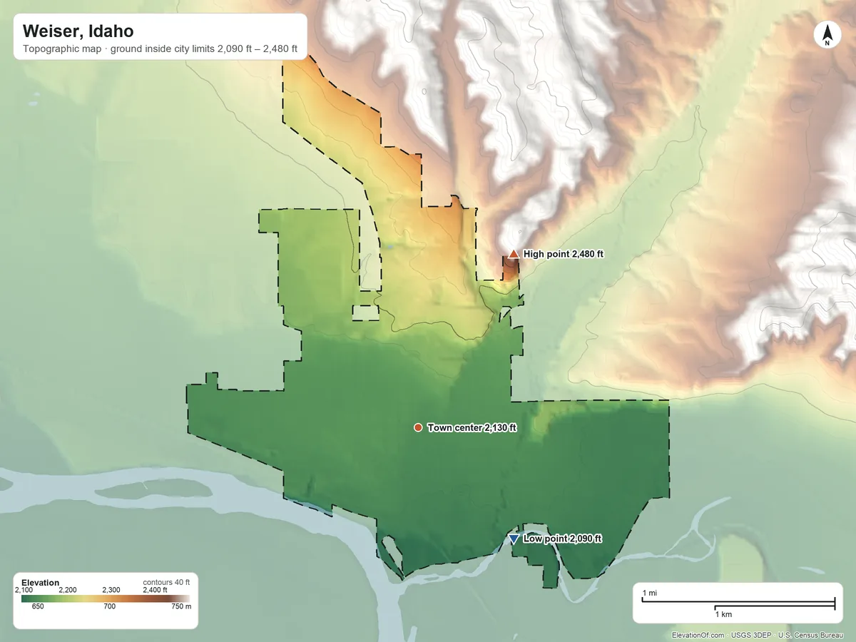 Topographic elevation map of Weiser, Idaho, shaded from 2,090 ft on the southeast side to 2,480 ft on the northeast edge, below higher ground just outside