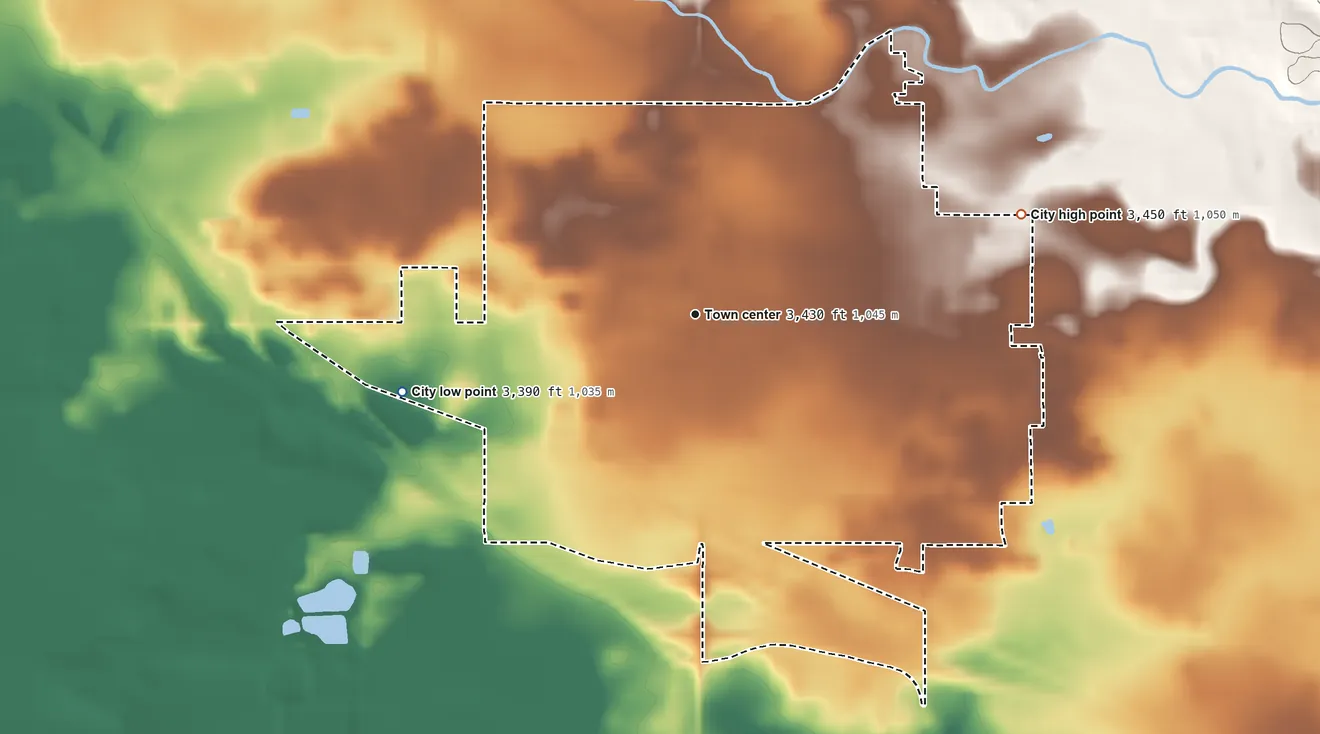 Topographic elevation map of Wendell, Idaho, shaded from 3,390 ft on the west side to 3,450 ft on the east side