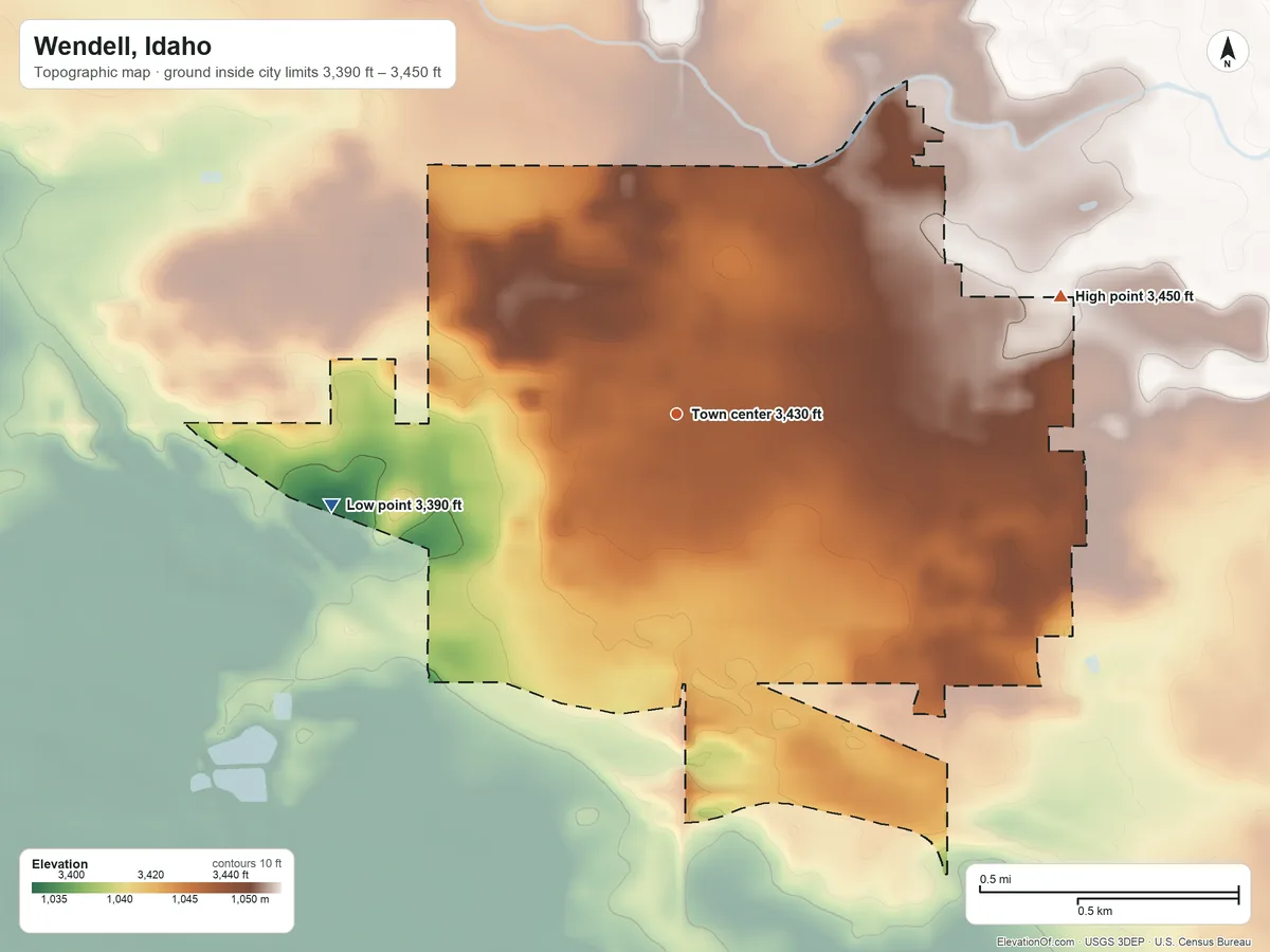 Topographic elevation map of Wendell, Idaho, shaded from 3,390 ft on the west side to 3,450 ft on the east side