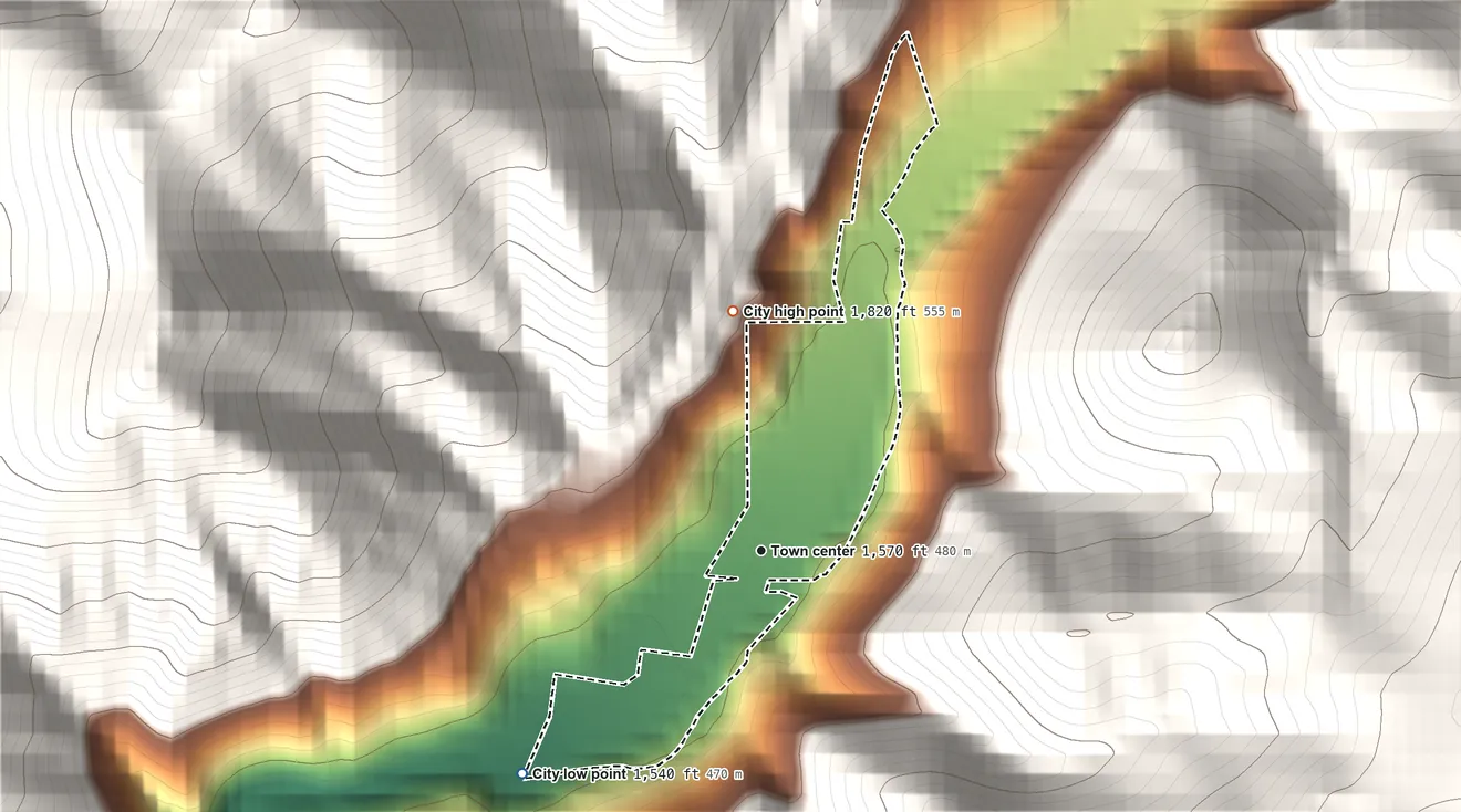 Topographic elevation map of White Bird, Idaho, shaded from 1,540 ft on the southwest side to 1,820 ft at the foot of the High Breaks