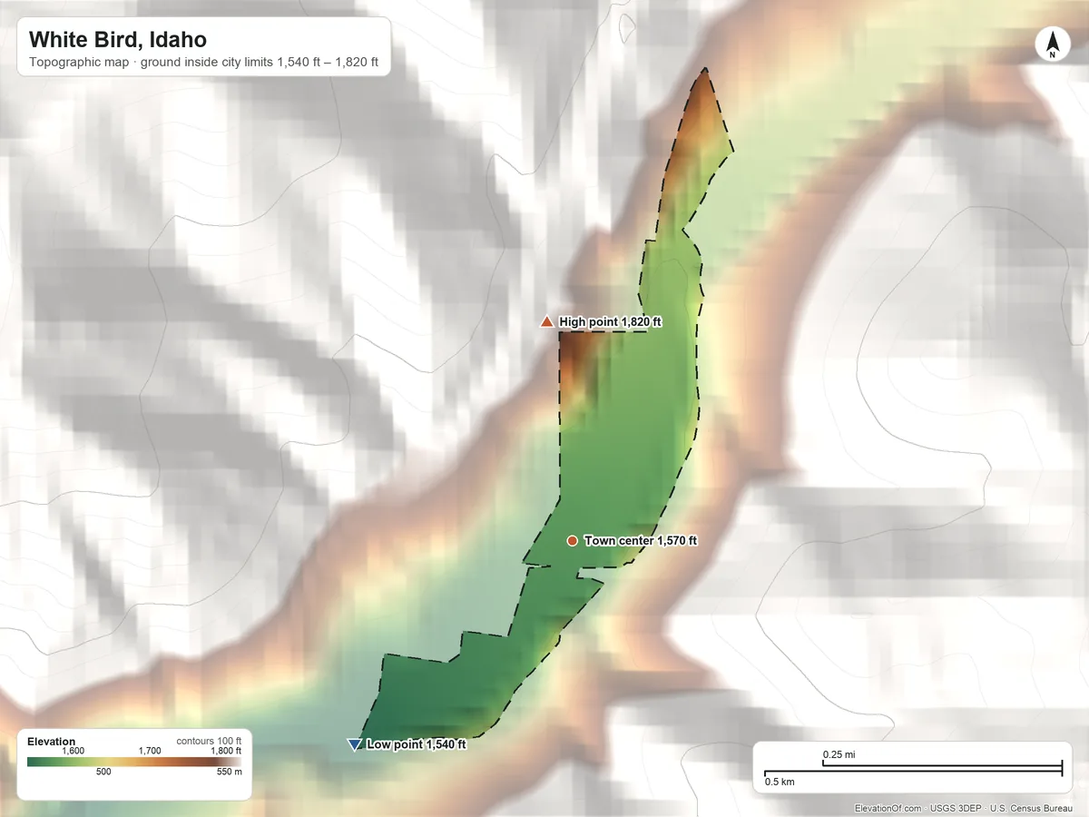 Topographic elevation map of White Bird, Idaho, shaded from 1,540 ft on the southwest side to 1,820 ft at the foot of the High Breaks