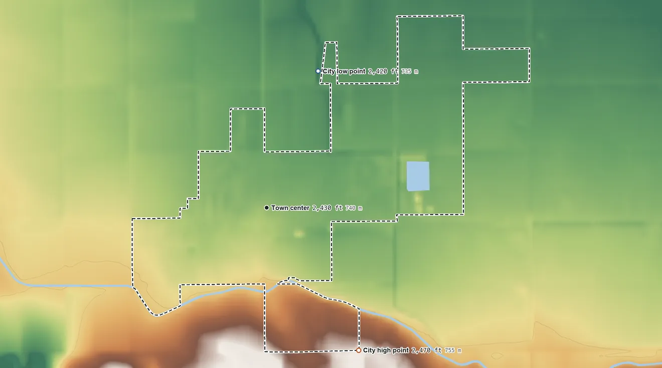 Topographic elevation map of Wilder, Idaho, shaded from 2,420 ft on the north side to 2,470 ft on the southeast side