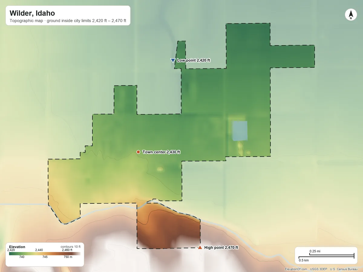 Topographic elevation map of Wilder, Idaho, shaded from 2,420 ft on the north side to 2,470 ft on the southeast side
