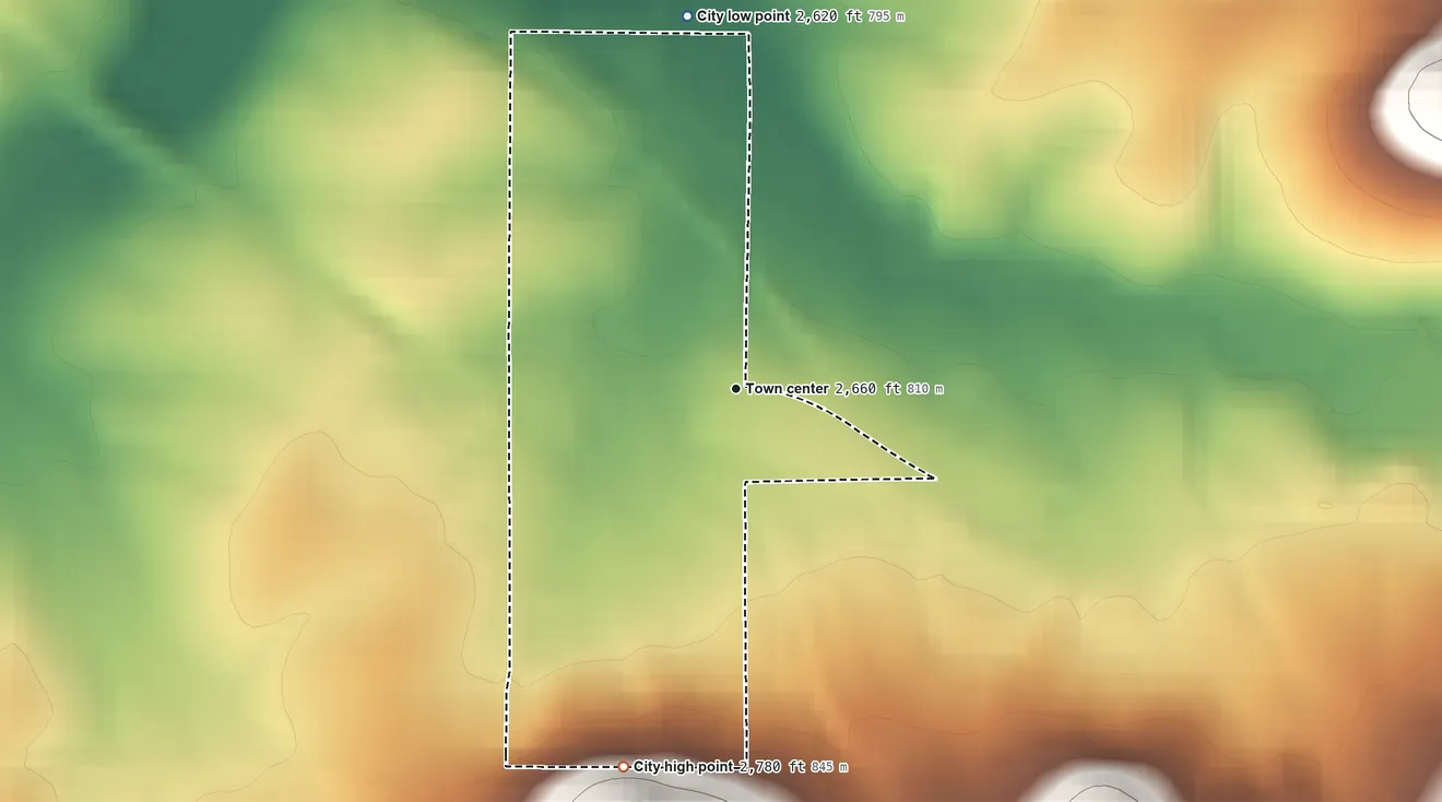 Topographic elevation map of Worley, Idaho, shaded from 2,620 ft on the north side to 2,780 ft on the south edge, below higher ground just outside