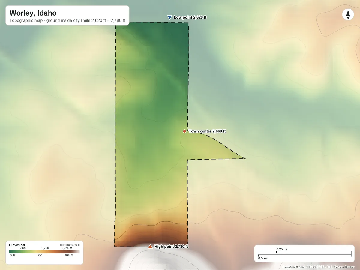 Topographic elevation map of Worley, Idaho, shaded from 2,620 ft on the north side to 2,780 ft on the south edge, below higher ground just outside