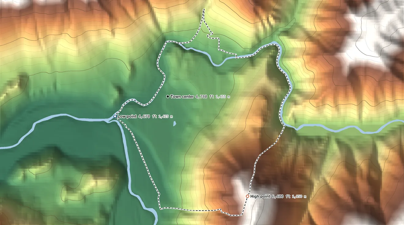 Topographic elevation map of Yellow Pine, Idaho, shaded from 4,670 ft on the west side to 6,400 ft on the southeast edge, below higher ground just outside