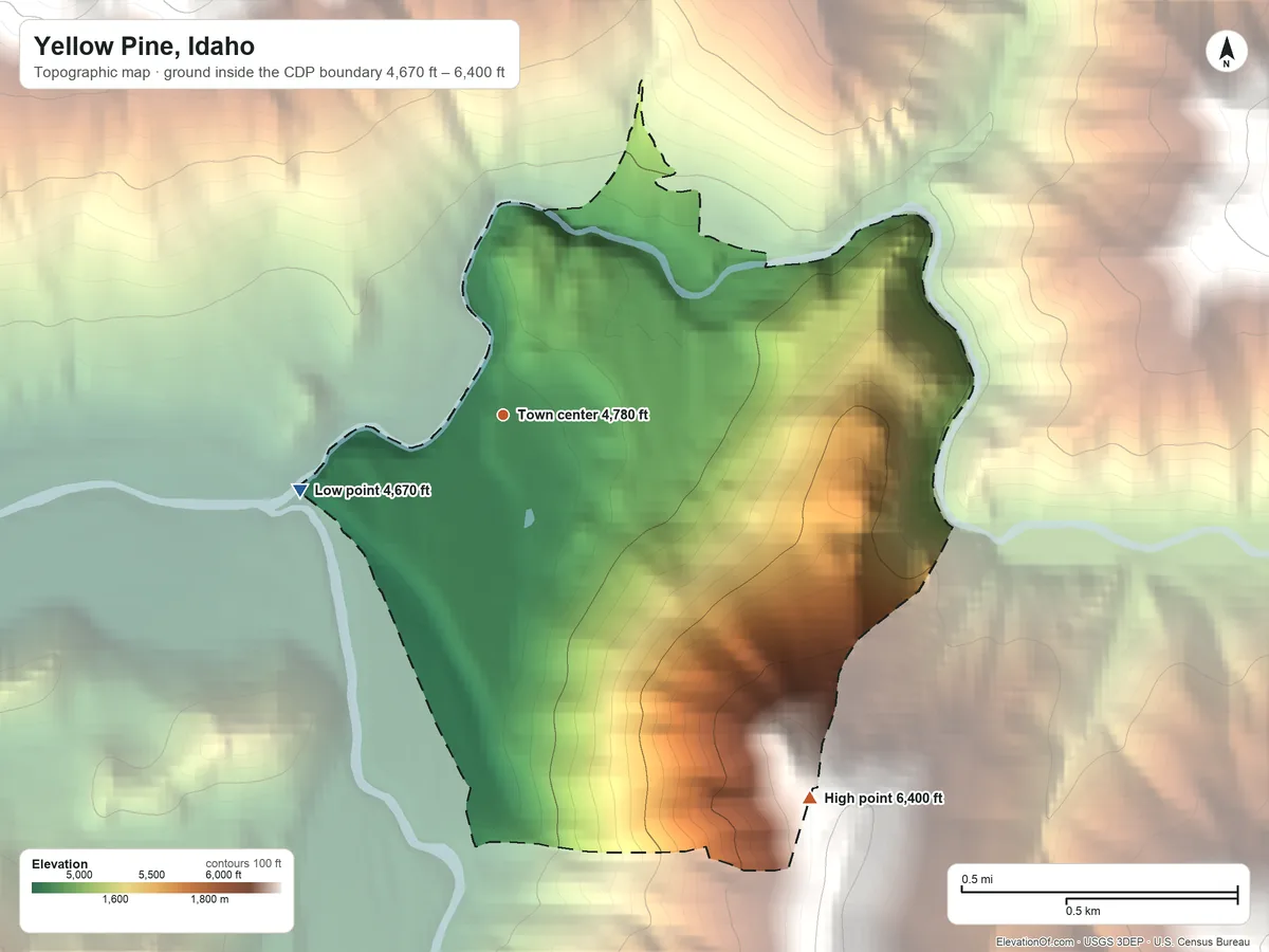 Topographic elevation map of Yellow Pine, Idaho, shaded from 4,670 ft on the west side to 6,400 ft on the southeast edge, below higher ground just outside