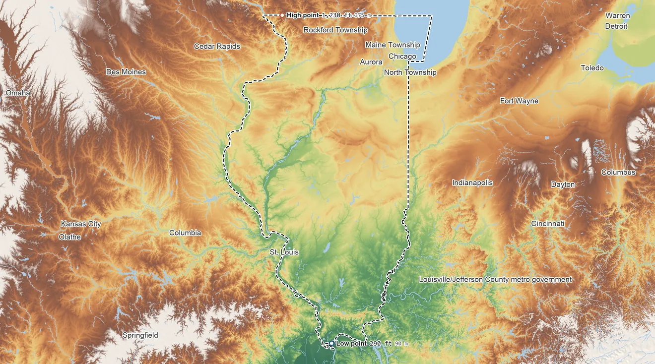 Topographic elevation map of Illinois, shaded from 290 ft on the south side to 1,230 ft on Charles Mound