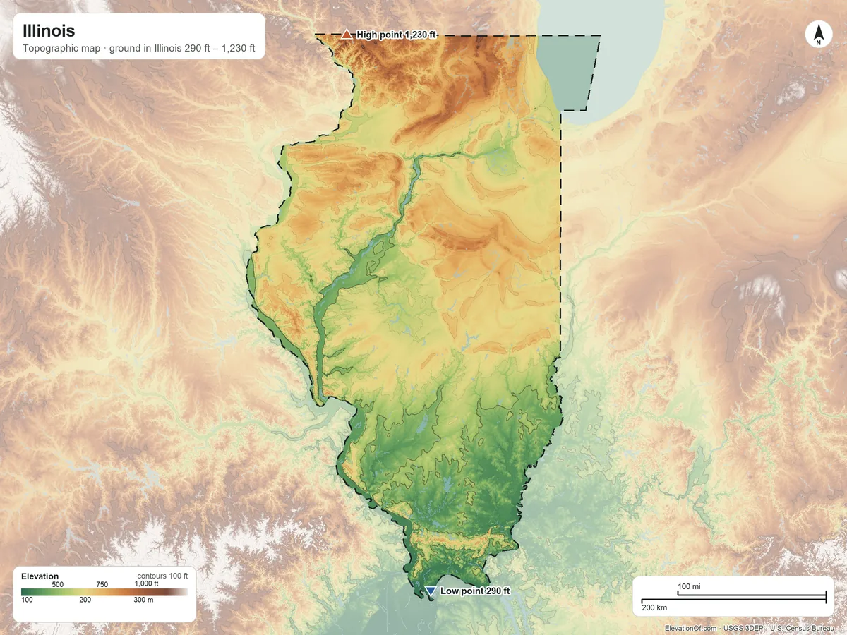 Topographic elevation map of Illinois, shaded from 290 ft on the south side to 1,230 ft on Charles Mound