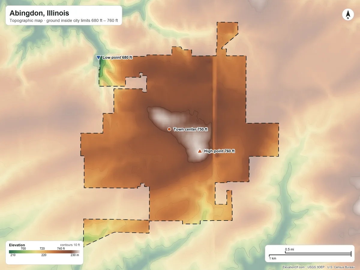 Topographic elevation map of Abingdon, Illinois, shaded from 680 ft on the northwest side to 760 ft on the southeast side