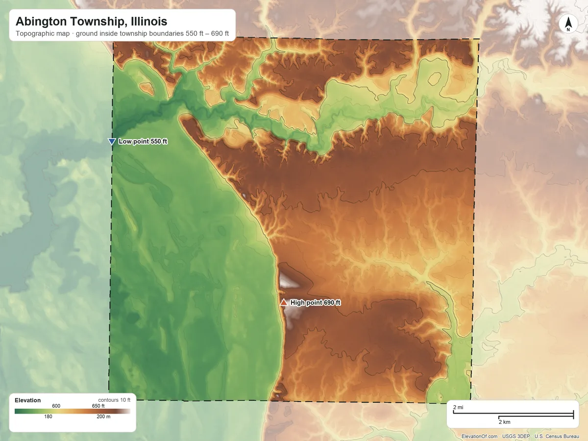 Topographic elevation map of Abington Township, Illinois, shaded from 550 ft on the west side to 690 ft on the southwest side