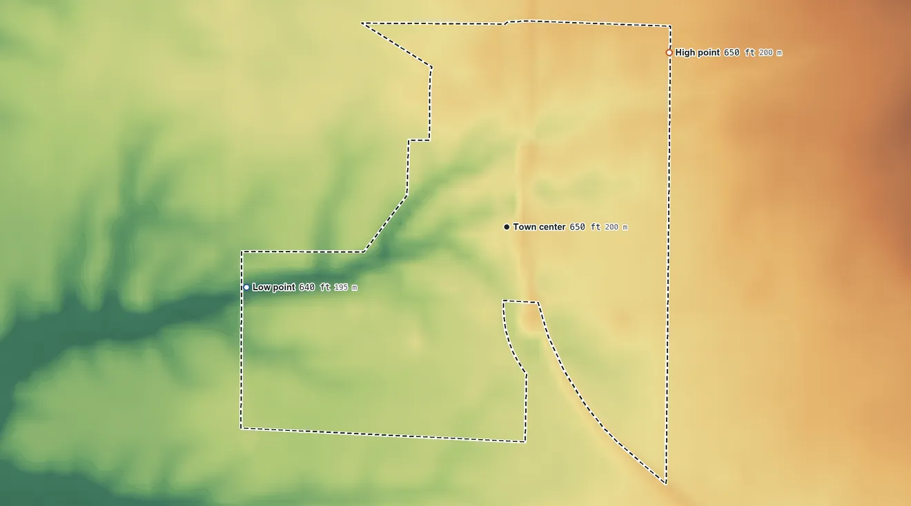 Topographic elevation map of Adair, Illinois, shaded from 640 ft on the west side to 650 ft on the northeast side