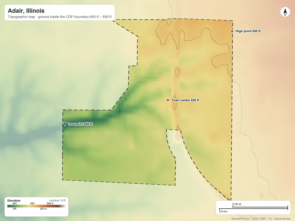 Topographic elevation map of Adair, Illinois, shaded from 640 ft on the west side to 650 ft on the northeast side