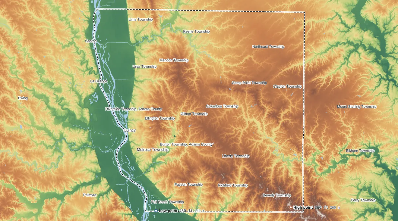 Topographic elevation map of Adams County, Illinois, shaded from 450 ft on the southwest side to 860 ft on the southeast side