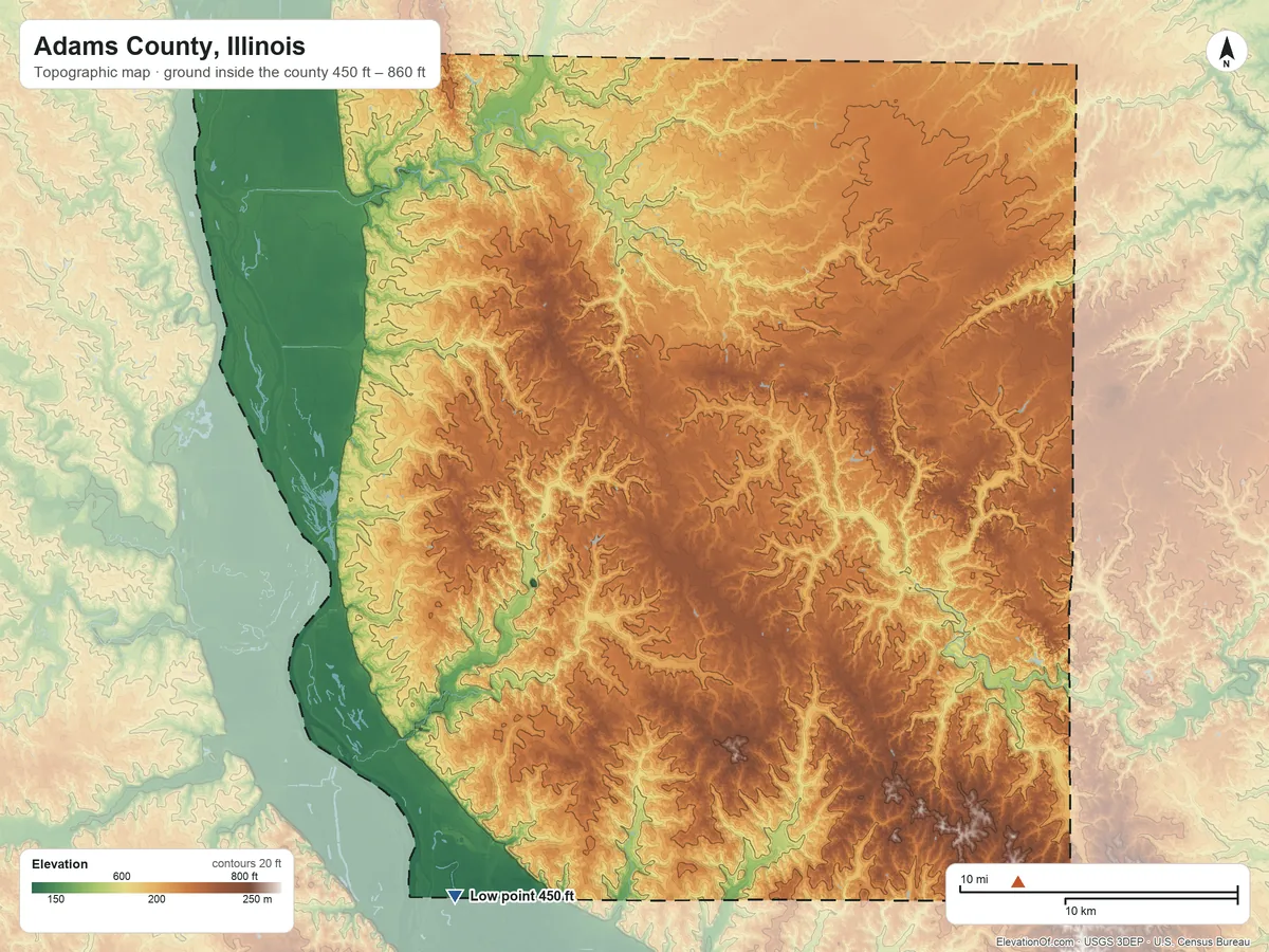 Topographic elevation map of Adams County, Illinois, shaded from 450 ft on the southwest side to 860 ft on the southeast side