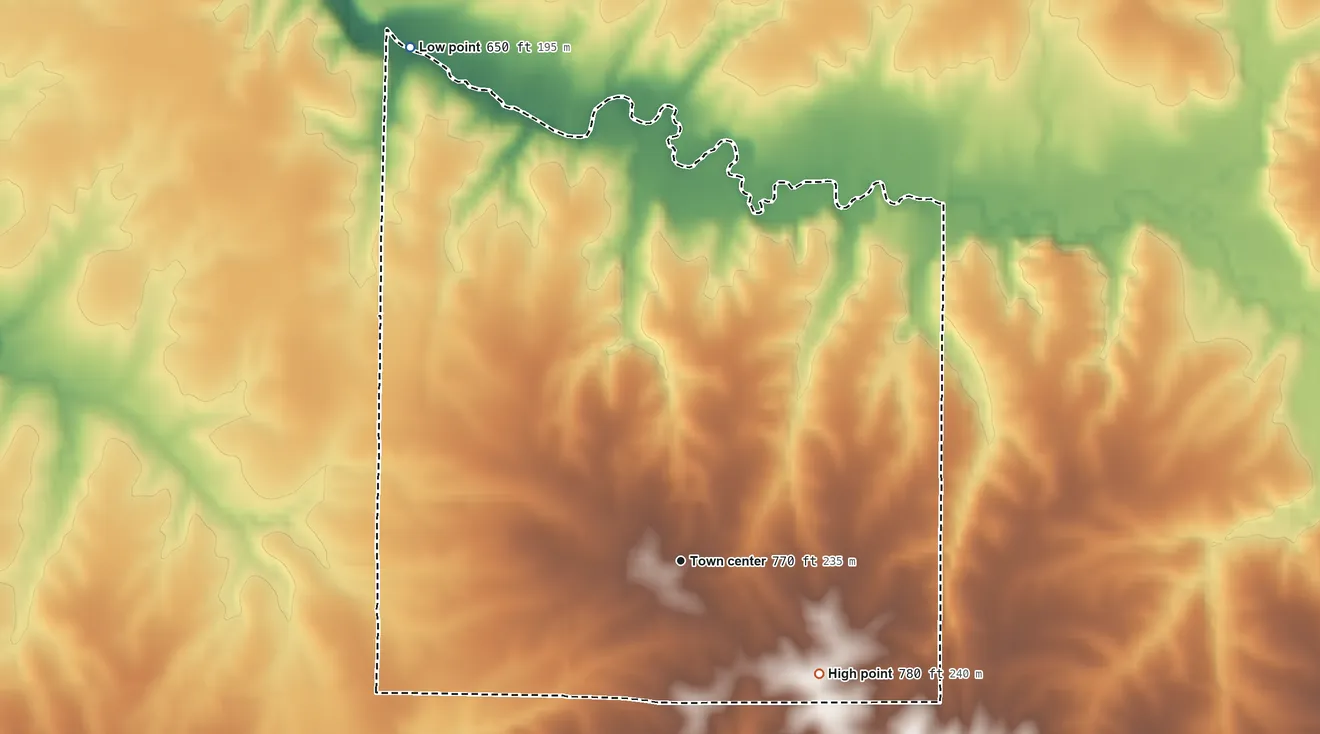 Topographic elevation map of Adams, Illinois, shaded from 650 ft on the northwest side to 780 ft on the southeast side