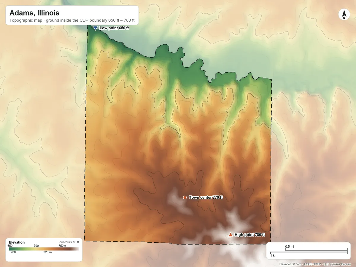 Topographic elevation map of Adams, Illinois, shaded from 650 ft on the northwest side to 780 ft on the southeast side