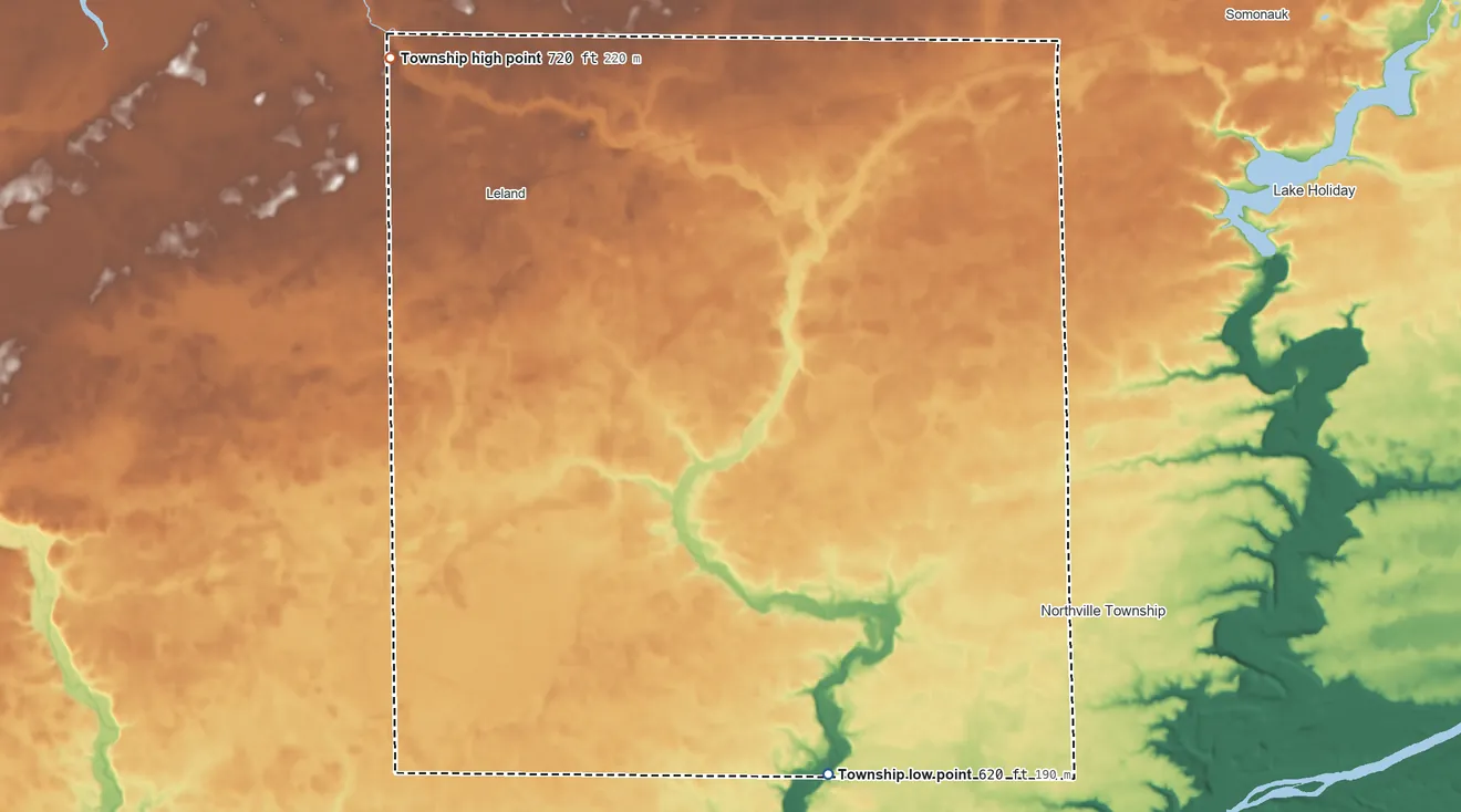 Topographic elevation map of Adams Township, Illinois, shaded from 620 ft on the southeast side to 720 ft on the northwest side