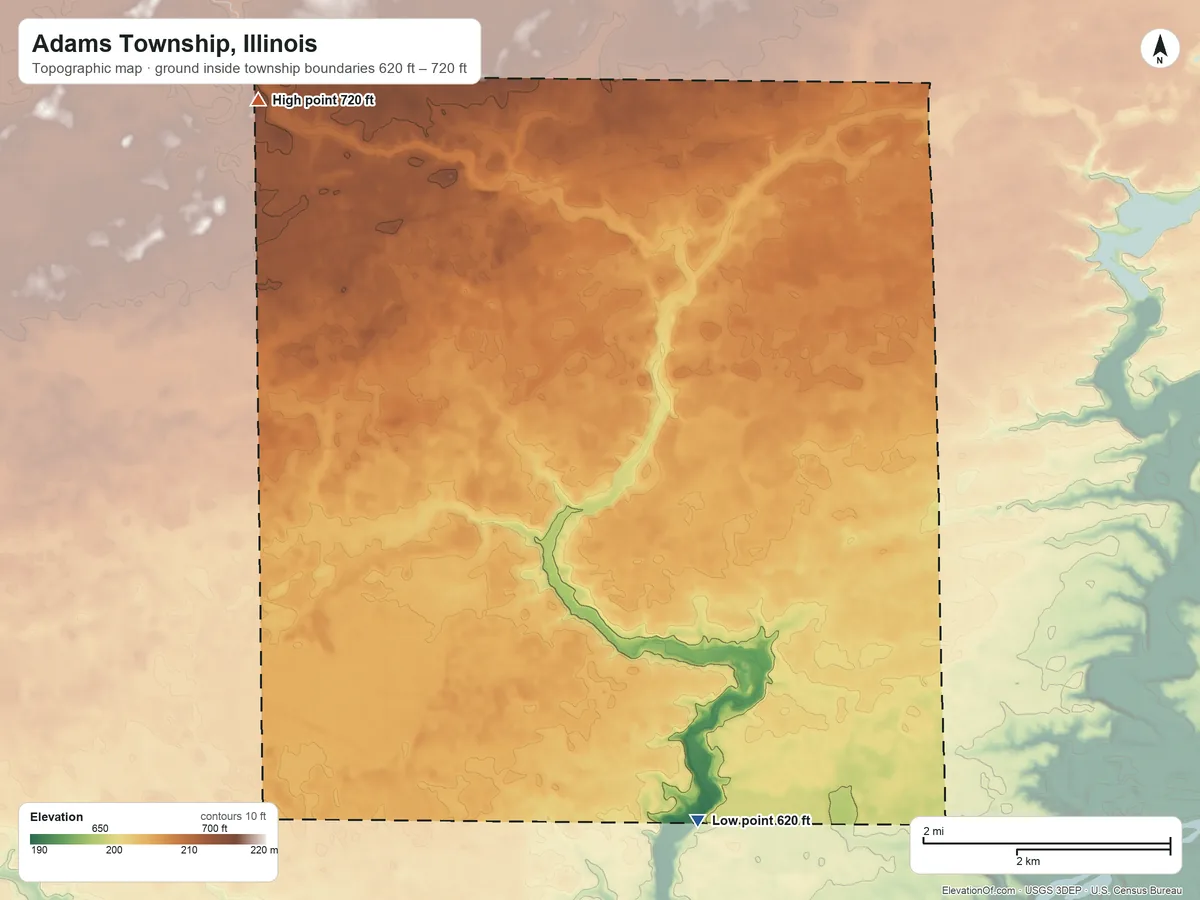 Topographic elevation map of Adams Township, Illinois, shaded from 620 ft on the southeast side to 720 ft on the northwest side