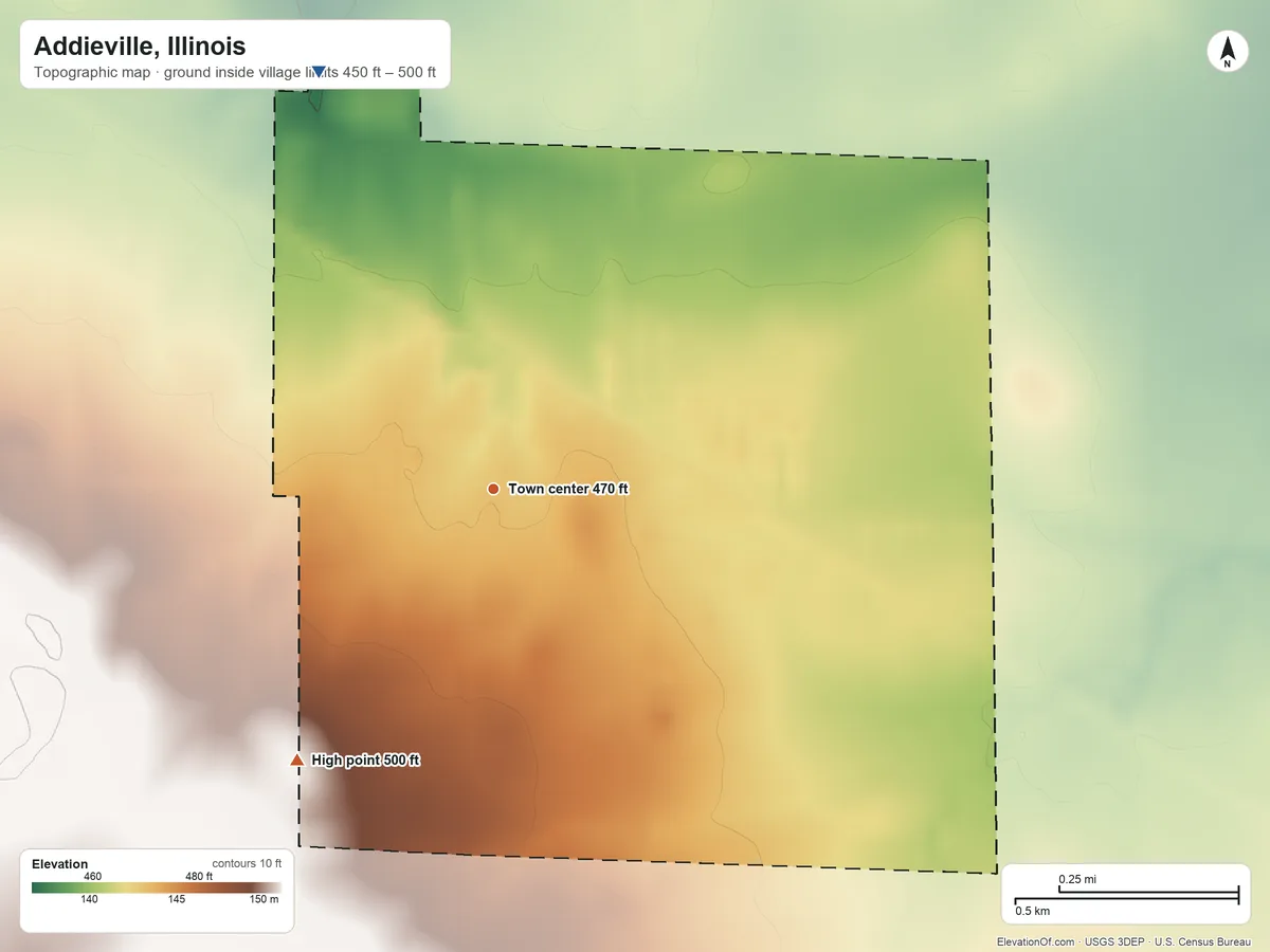 Topographic elevation map of Addieville, Illinois, shaded from 450 ft on the northwest side to 500 ft on the southwest side